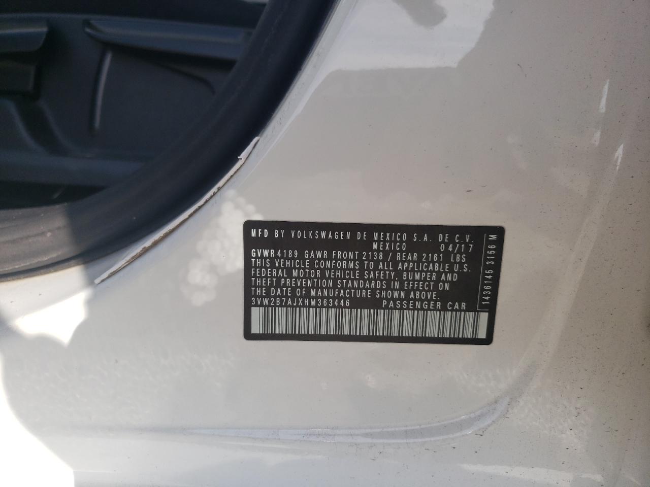 Photo 10 from auction – 2017 VOLKSWAGEN JETTA S with VIN 3VW2B7AJXHM363446