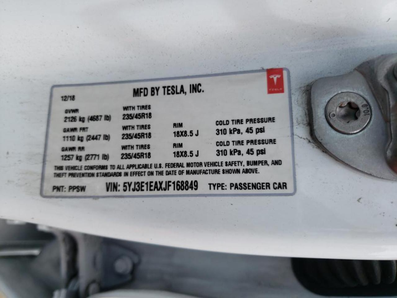 Photo 10 from auction – 2018 TESLA MODEL 3 with VIN 5YJ3E1EAXJF168849
