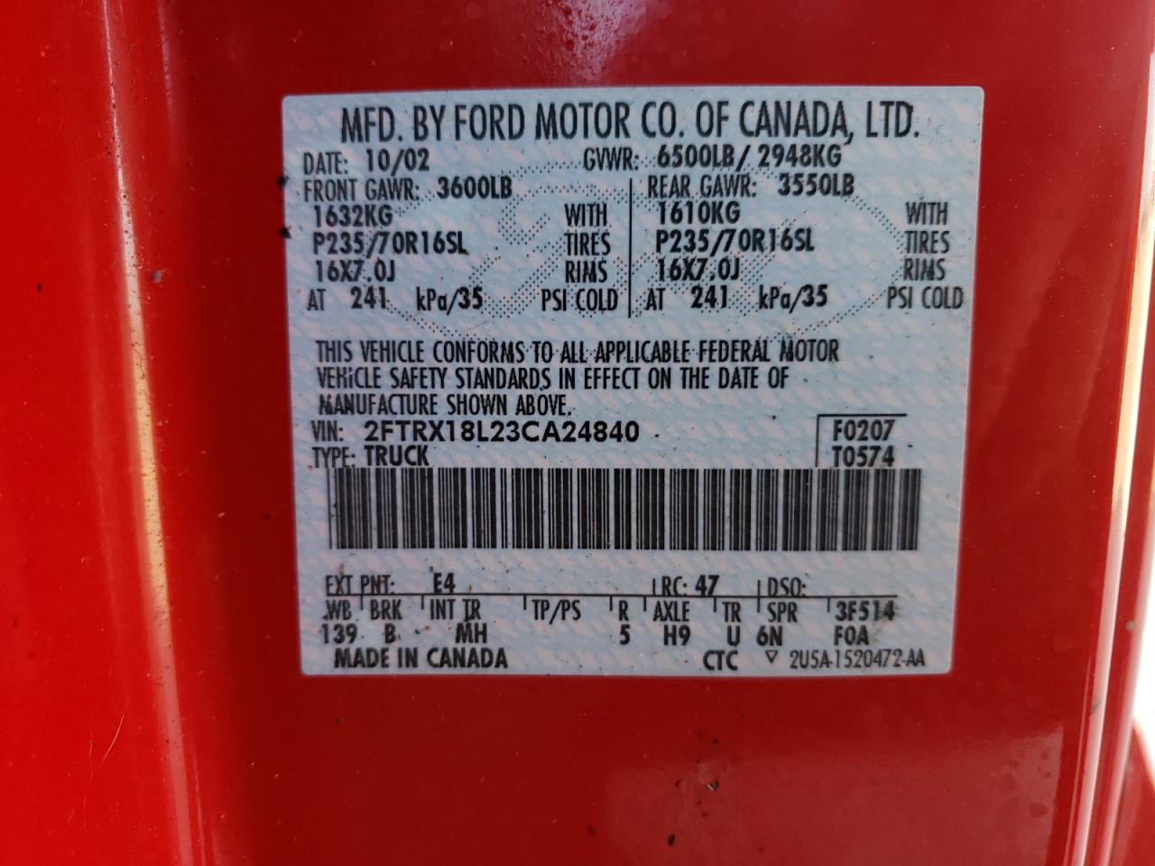 Photo 10 from auction – 2003 FORD F150 with VIN 2FTRX18L23CA24840