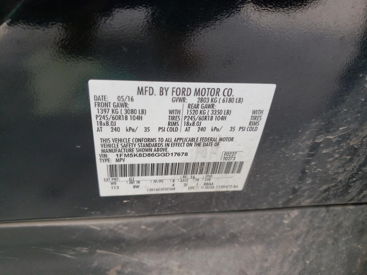 Photo 10 from auction – 2016 FORD EXPLORER X with VIN 1FM5K8D86GGD17678