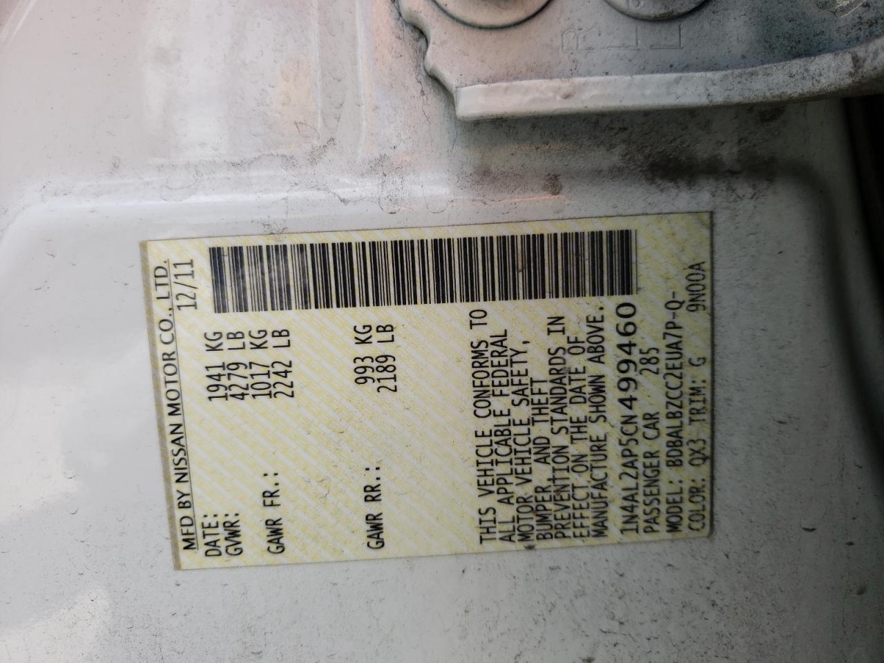 Photo 10 from auction – 2012 NISSAN ALTIMA BAS with VIN 1N4AL2AP5CN499460