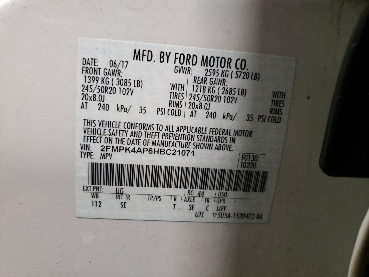 Photo 10 from auction – 2017 FORD EDGE SPORT with VIN 2FMPK4AP6HBC21071