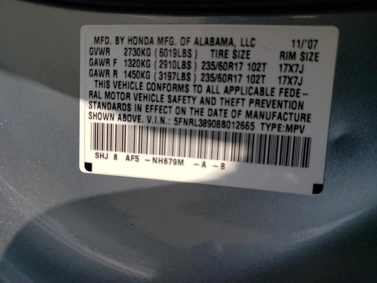 Photo 10 from auction – 2008 HONDA ODYSSEY TO with VIN 5FNRL38908B012665