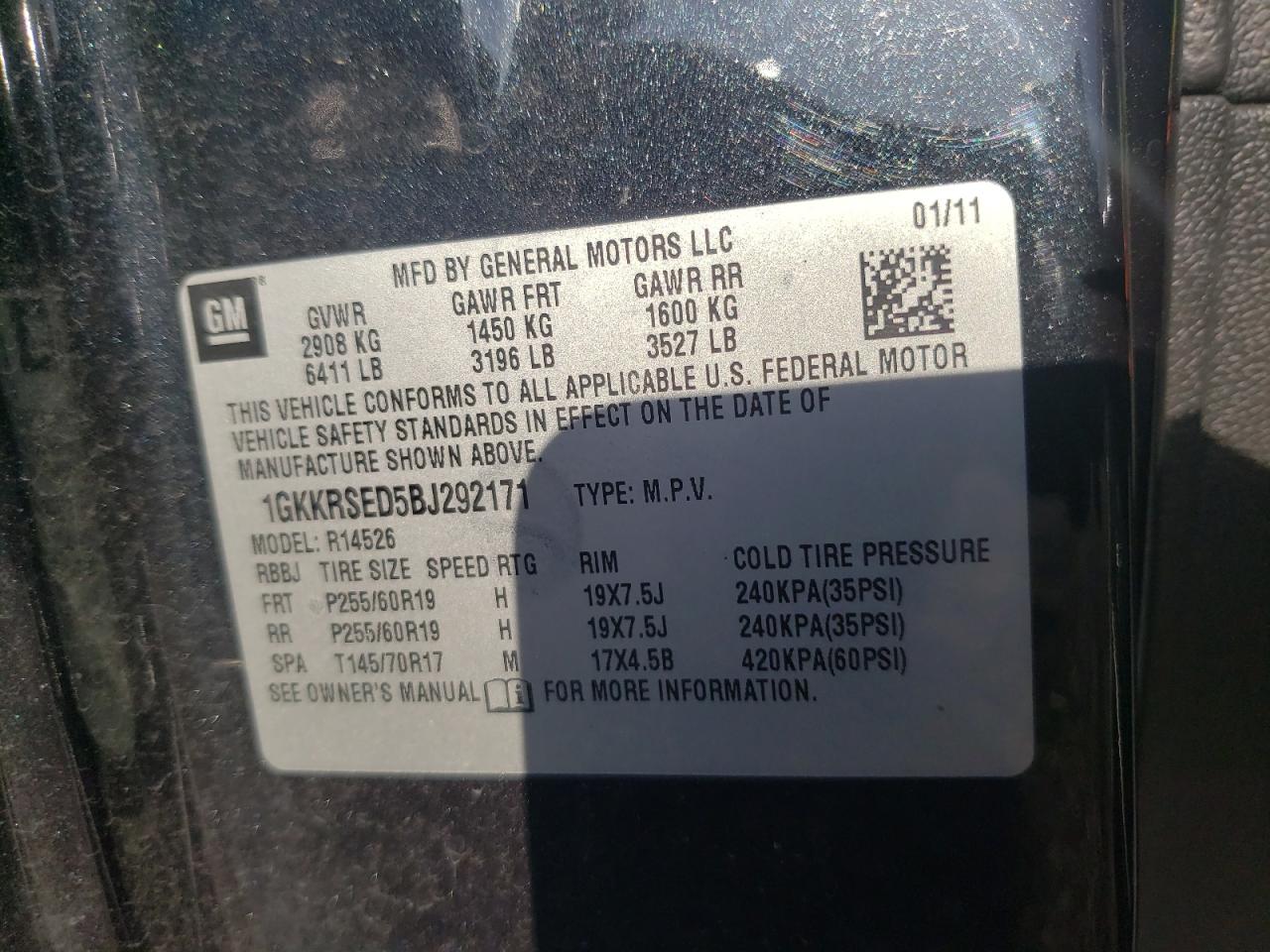 Photo 10 from auction – 2011 GMC ACADIA SLT with VIN 1GKKRSED5BJ292171