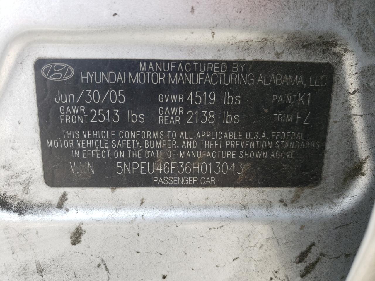 Photo 10 from auction – 2006 HYUNDAI SONATA GLS with VIN 5NPEU46F36H013043