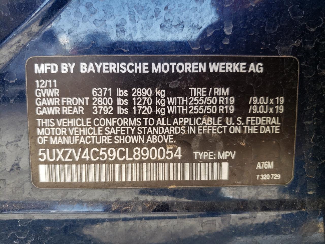 Photo 10 from auction – 2012 BMW X5 XDRIVE3 with VIN 5UXZV4C59CL890054