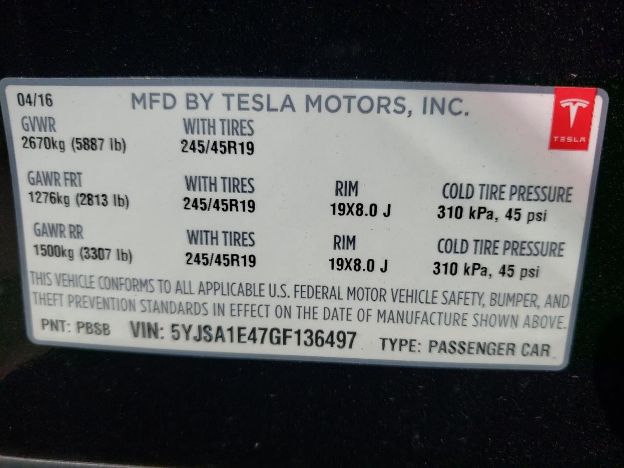 Photo 10 from auction – 2016 TESLA MODEL S with VIN 5YJSA1E47GF136497