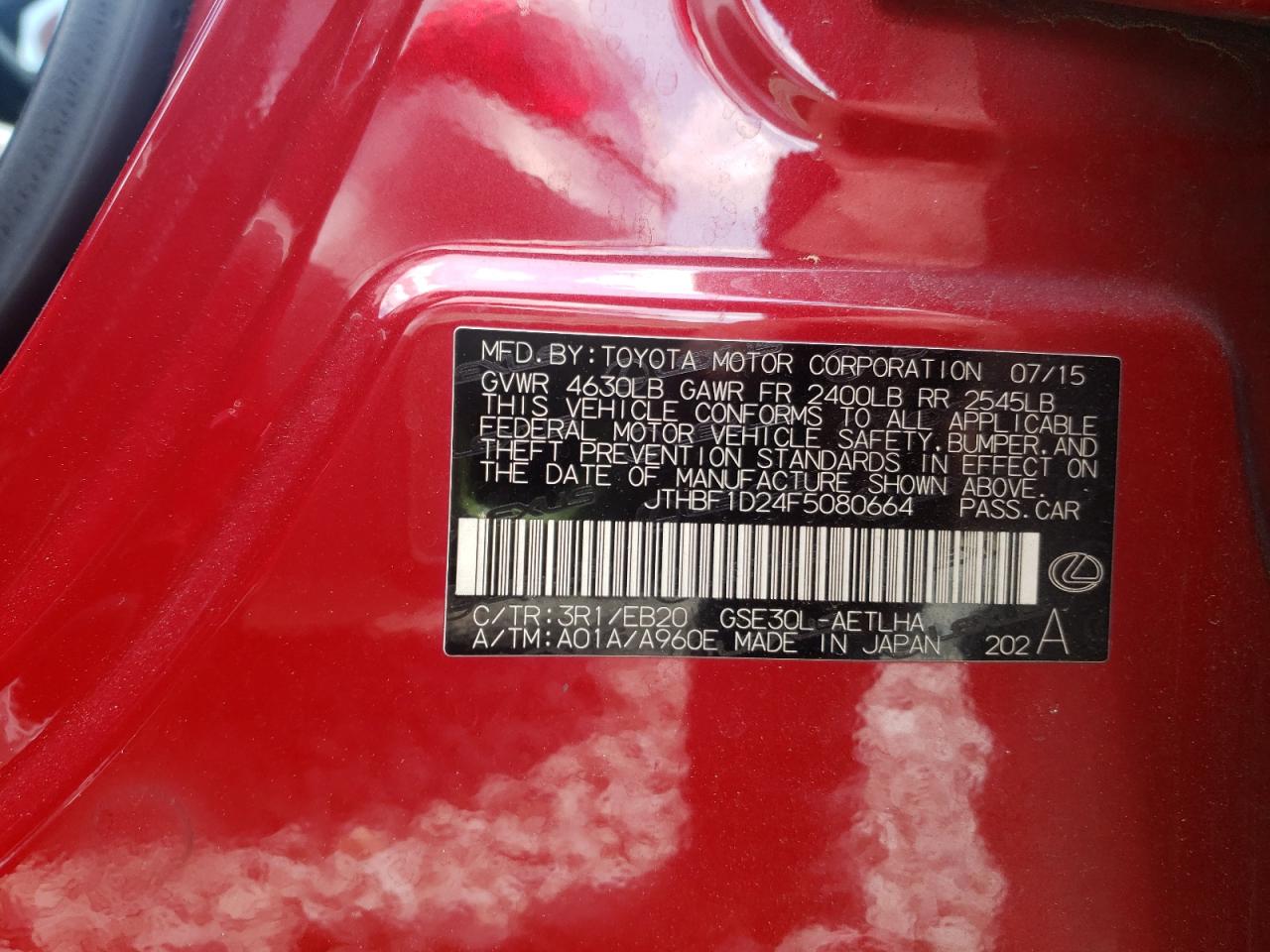 Photo 10 from auction – 2015 LEXUS IS 250 with VIN JTHBF1D24F5080664