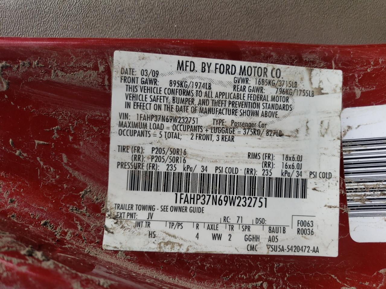 Photo 10 from auction – 2009 FORD FOCUS SEL with VIN 1FAHP37N69W232751