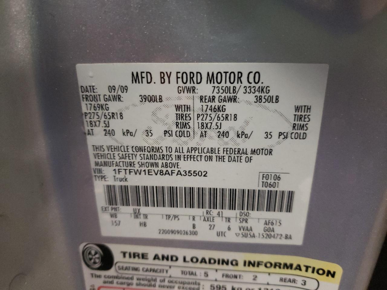 Photo 10 from auction – 2010 FORD F150 SUPER with VIN 1FTFW1EV8AFA35502
