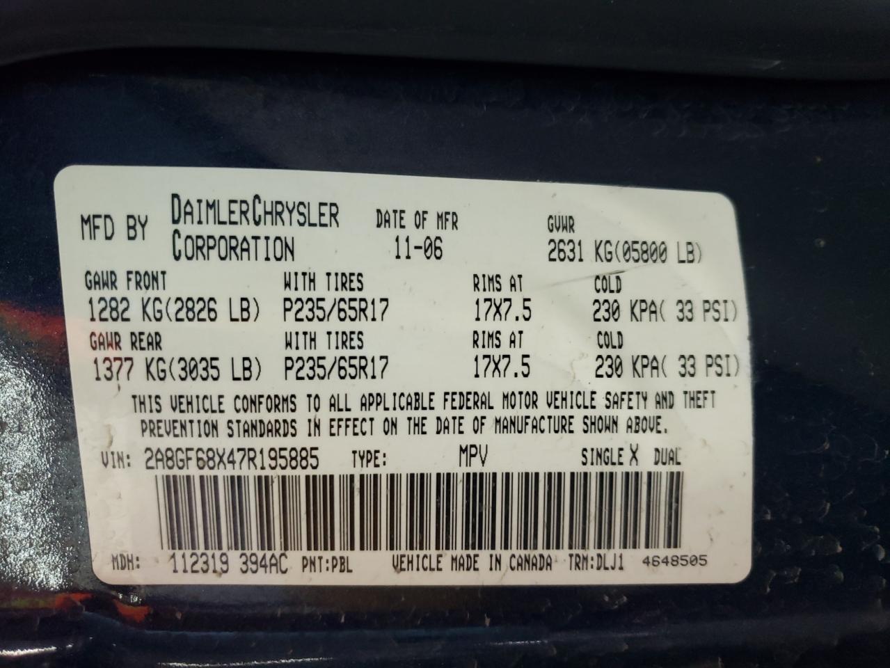 Photo 10 from auction – 2007 CHRYSLER PACIFICA T with VIN 2A8GF68X47R195885