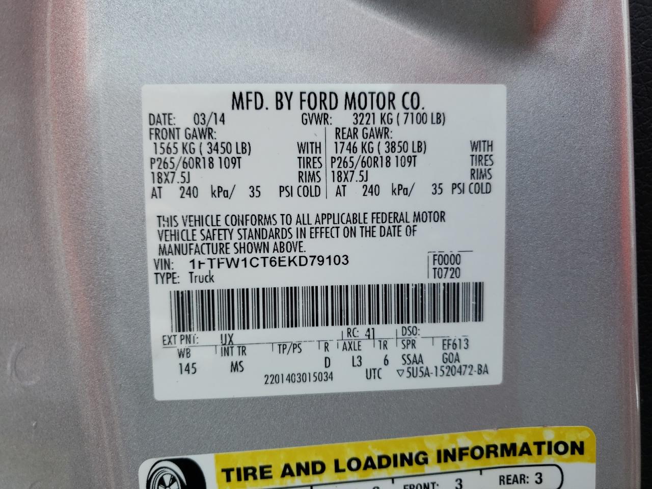 Photo 10 from auction – 2014 FORD F150 SUPER with VIN 1FTFW1CT6EKD79103