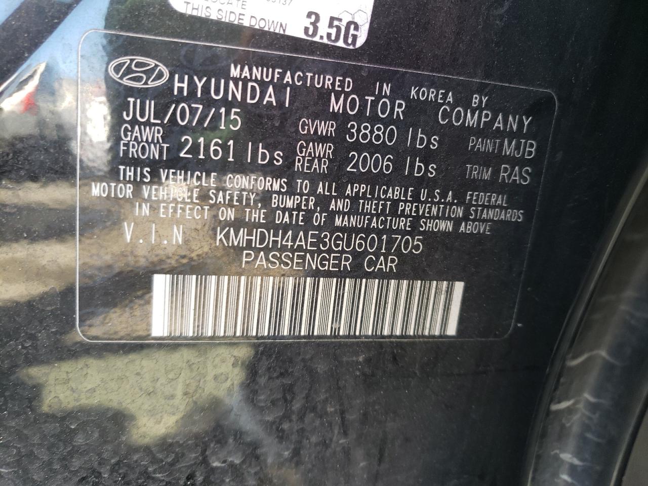 Photo 10 from auction – 2016 HYUNDAI ELANTRA SE with VIN KMHDH4AE3GU601705