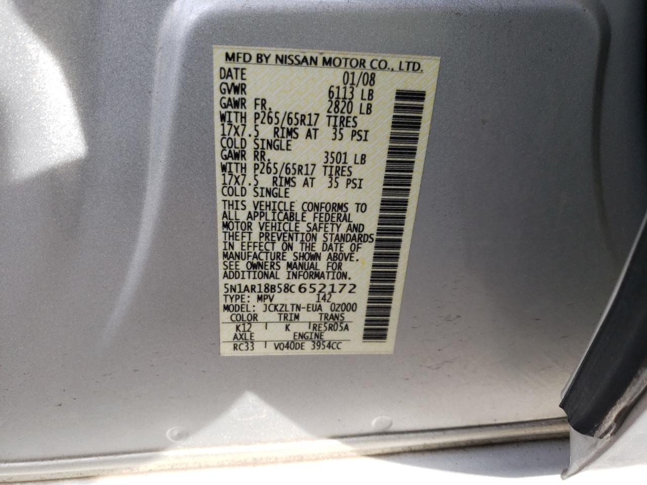 Photo 10 from auction – 2008 NISSAN PATHFINDER with VIN 5N1AR18B58C652172