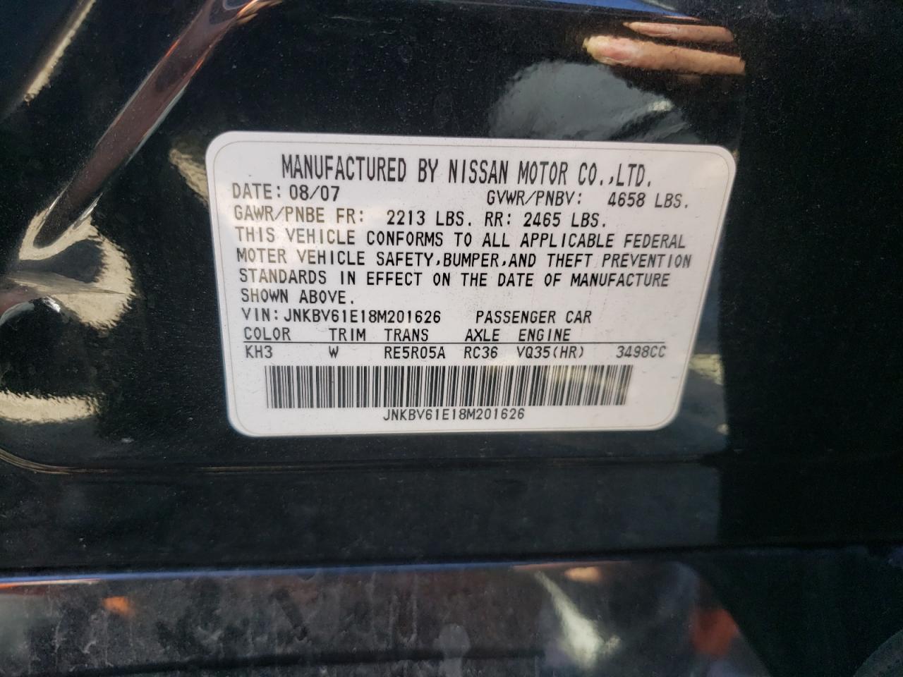 Photo 10 from auction – 2008 INFINITI G35 with VIN JNKBV61E18M201626