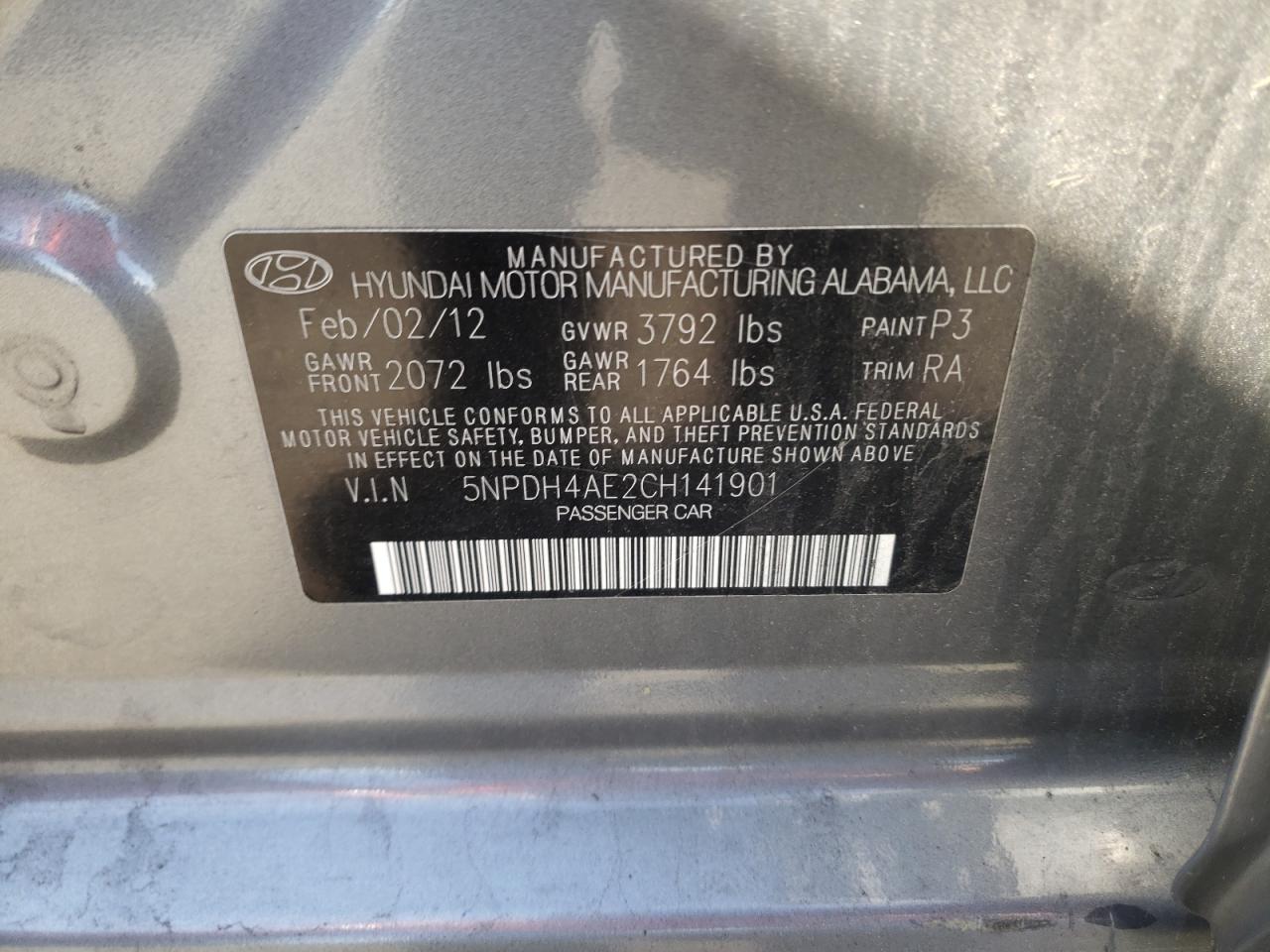 Photo 10 from auction – 2012 HYUNDAI ELANTRA with VIN 5NPDH4AE2CH141901