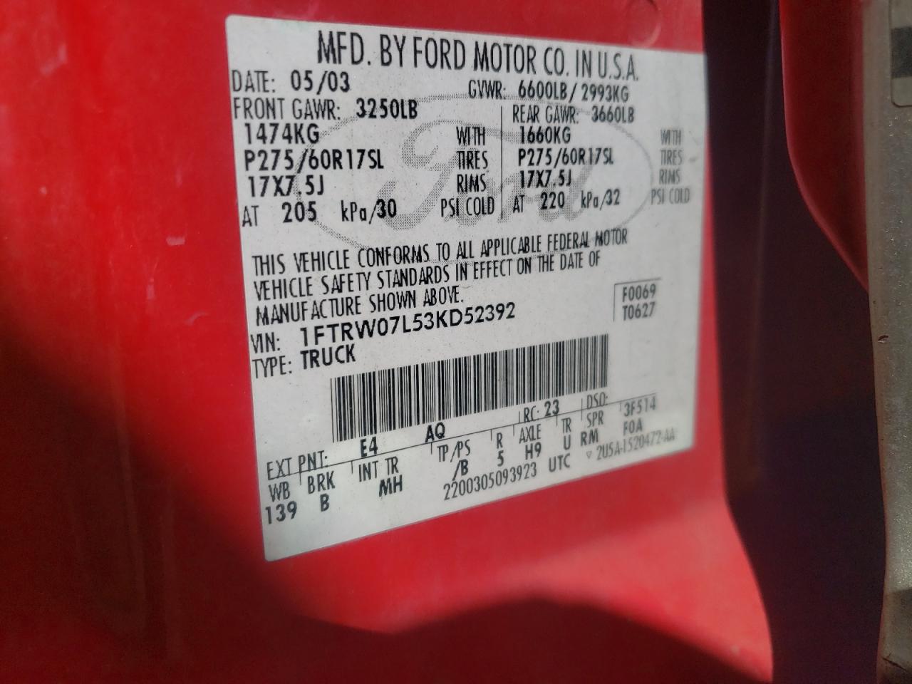 Photo 10 from auction – 2003 FORD F150 SUPER with VIN 1FTRW07L53KD52392