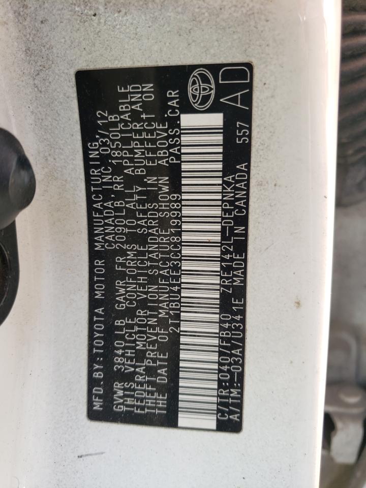 Photo 10 from auction – 2012 TOYOTA COROLLA BA with VIN 2T1BU4EE3CC819989