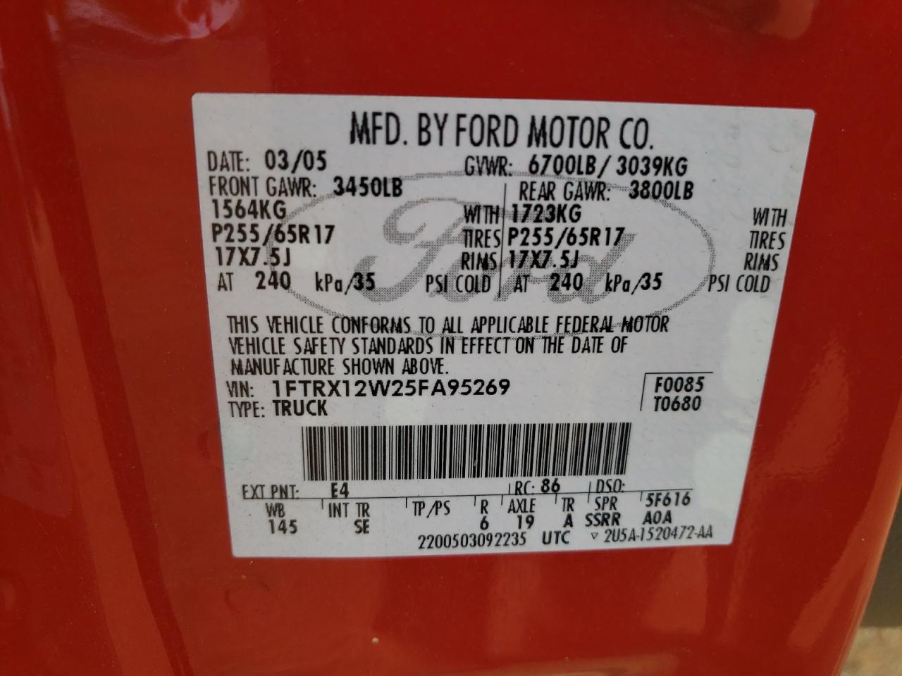 Photo 10 from auction – 2005 FORD F150 with VIN 1FTRX12W25FA95269