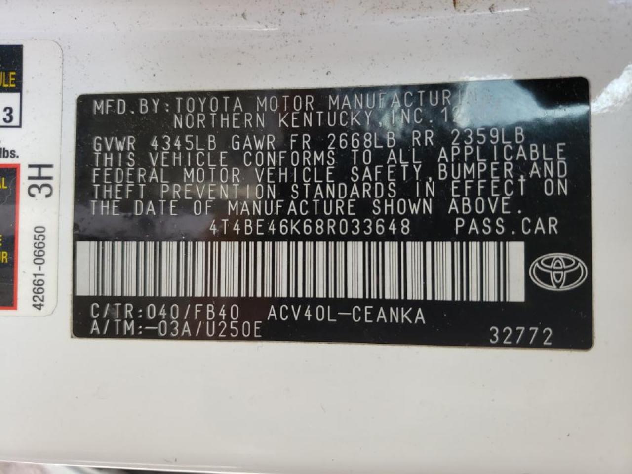 Photo 10 from auction – 2008 TOYOTA CAMRY CE with VIN 4T4BE46K68R033648