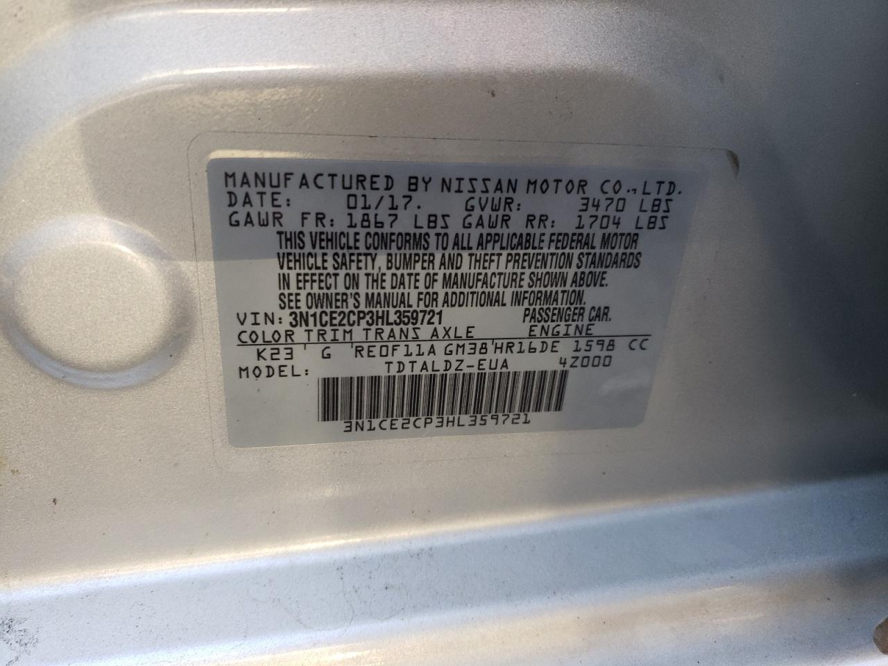 Photo 10 from auction – 2017 NISSAN VERSA NOTE with VIN 3N1CE2CP3HL359721