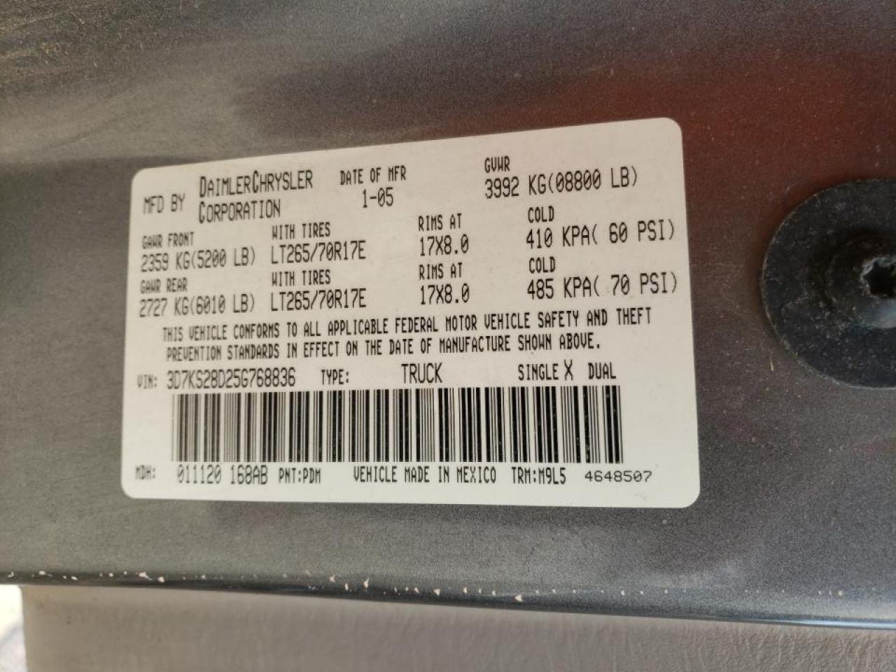 Photo 10 from auction – 2005 DODGE RAM 2500 S with VIN 3D7KS28D25G768836