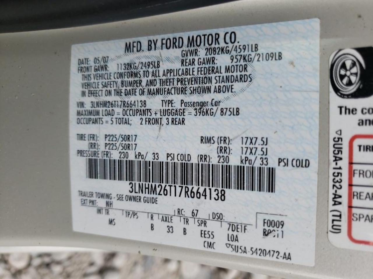 Photo 10 from auction – 2007 LINCOLN MKZ with VIN 3LNHM26T17R664138