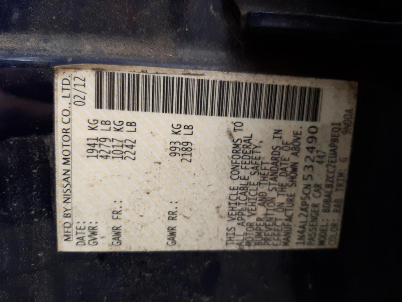 Photo 10 from auction – 2012 NISSAN ALTIMA BAS with VIN 1N4AL2AP5CN532490