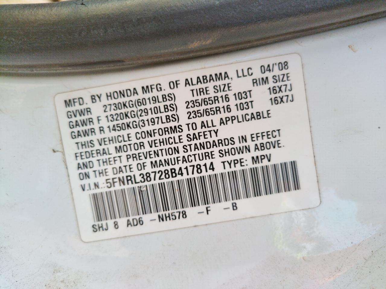 Photo 10 from auction – 2008 HONDA ODYSSEY EX with VIN 5FNRL38728B417814