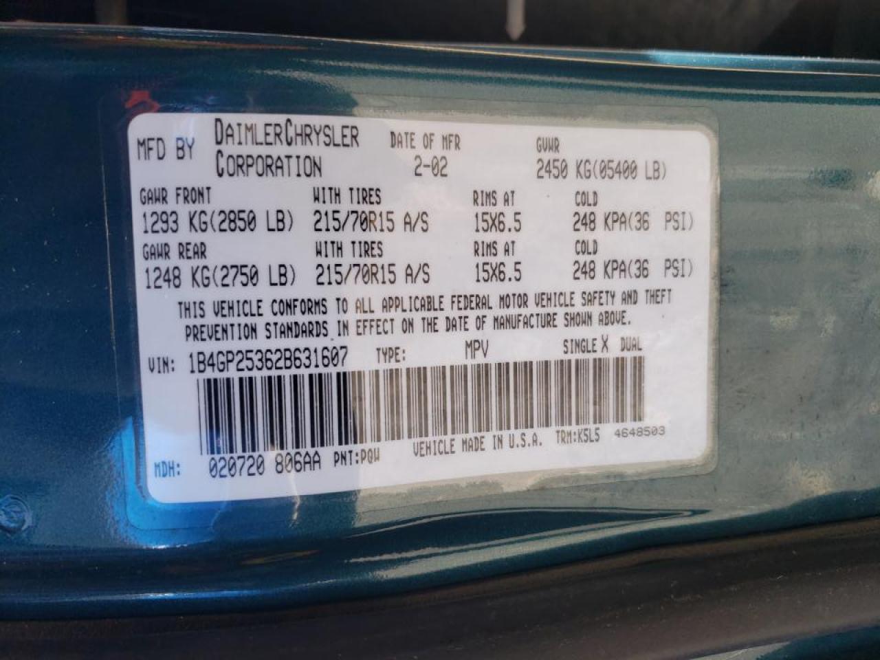 Photo 10 from auction – 2002 DODGE CARAVAN SE with VIN 1B4GP25362B631607
