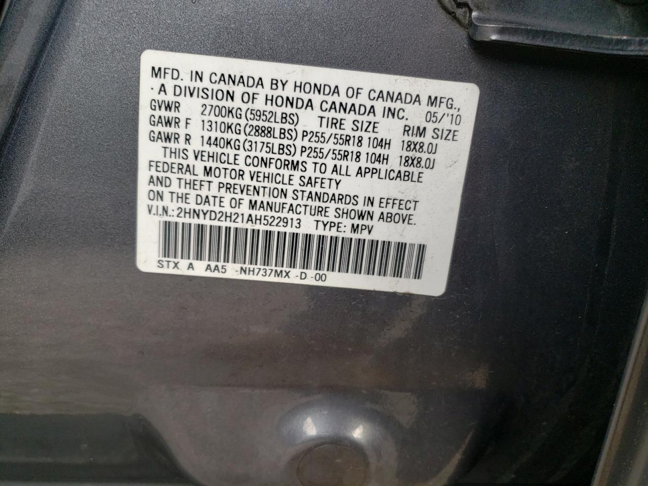 Photo 10 from auction – 2010 ACURA MDX with VIN 2HNYD2H21AH522913