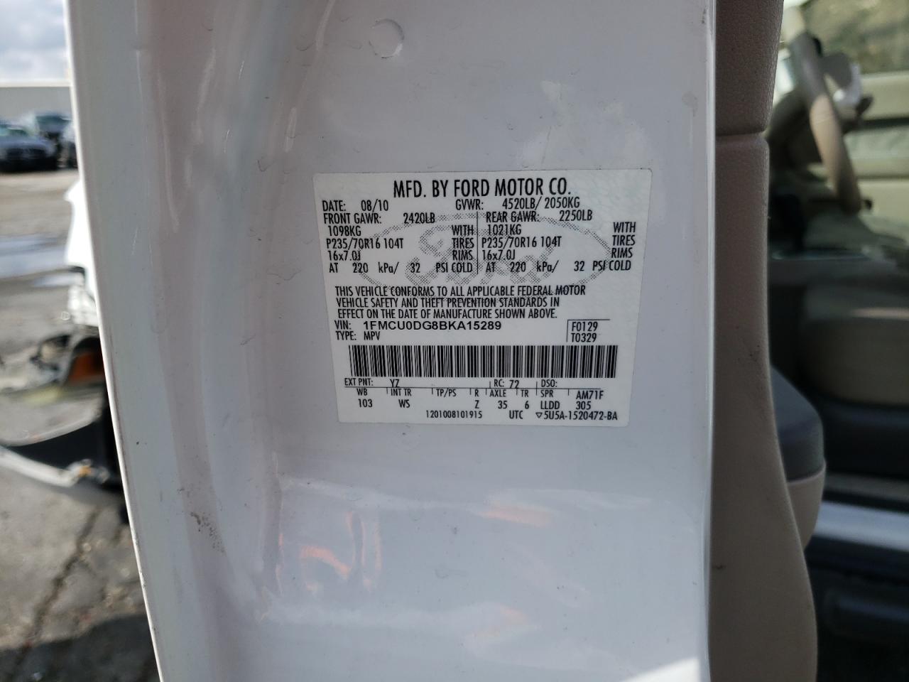 Photo 10 from auction – 2011 FORD ESCAPE XLT with VIN 1FMCU0DG8BKA15289