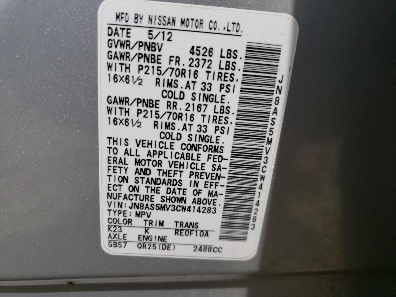 Photo 10 from auction – 2012 NISSAN ROGUE S with VIN JN8AS5MV3CW414283