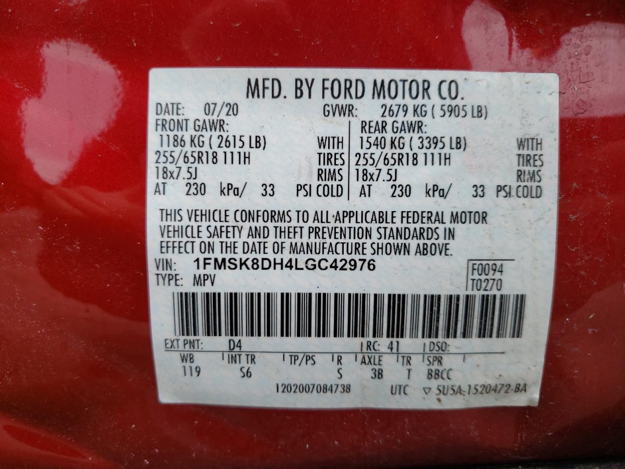 Photo 10 from auction – 2020 FORD EXPLORER X with VIN 1FMSK8DH4LGC42976