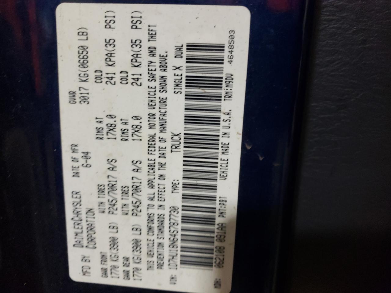Photo 10 from auction – 2004 DODGE RAM 1500 S with VIN 1D7HU18N64S787730