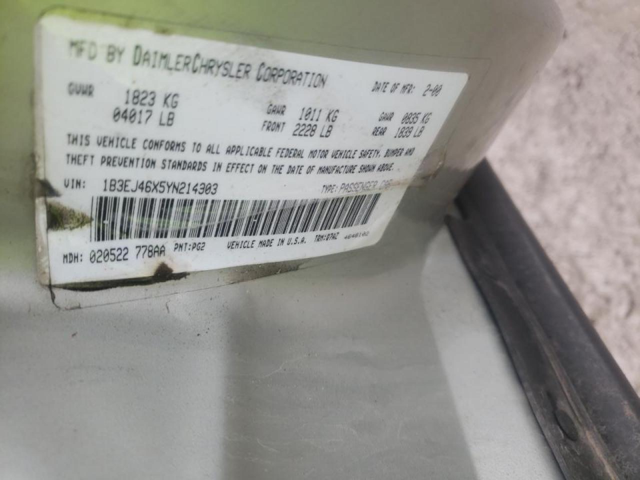 Photo 10 from auction – 2000 DODGE STRATUS SE with VIN 1B3EJ46X5YN214903