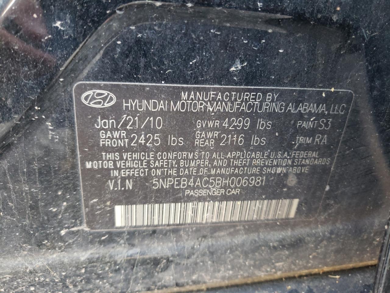 Photo 10 from auction – 2011 HYUNDAI SONATA with VIN 5NPEB4AC5BH006981