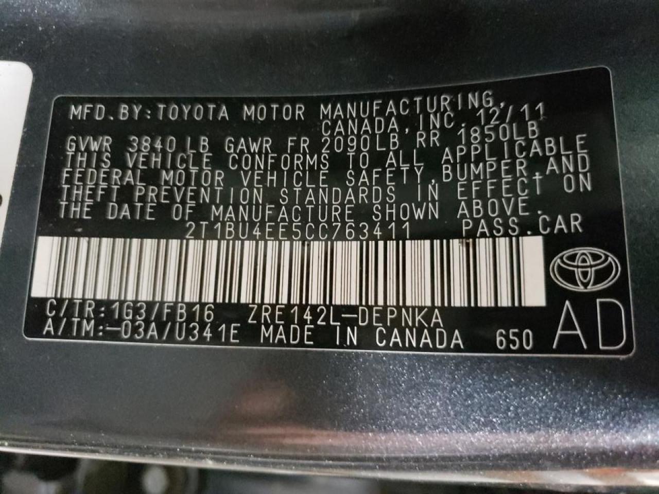Photo 10 from auction – 2012 TOYOTA COROLLA BA with VIN 2T1BU4EE5CC763411