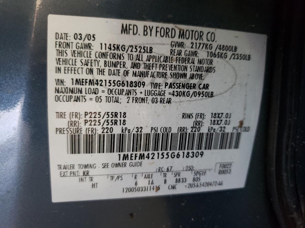 Photo 10 from auction – 2005 MERCURY MONTEGO PR with VIN 1MEFM42155G618309