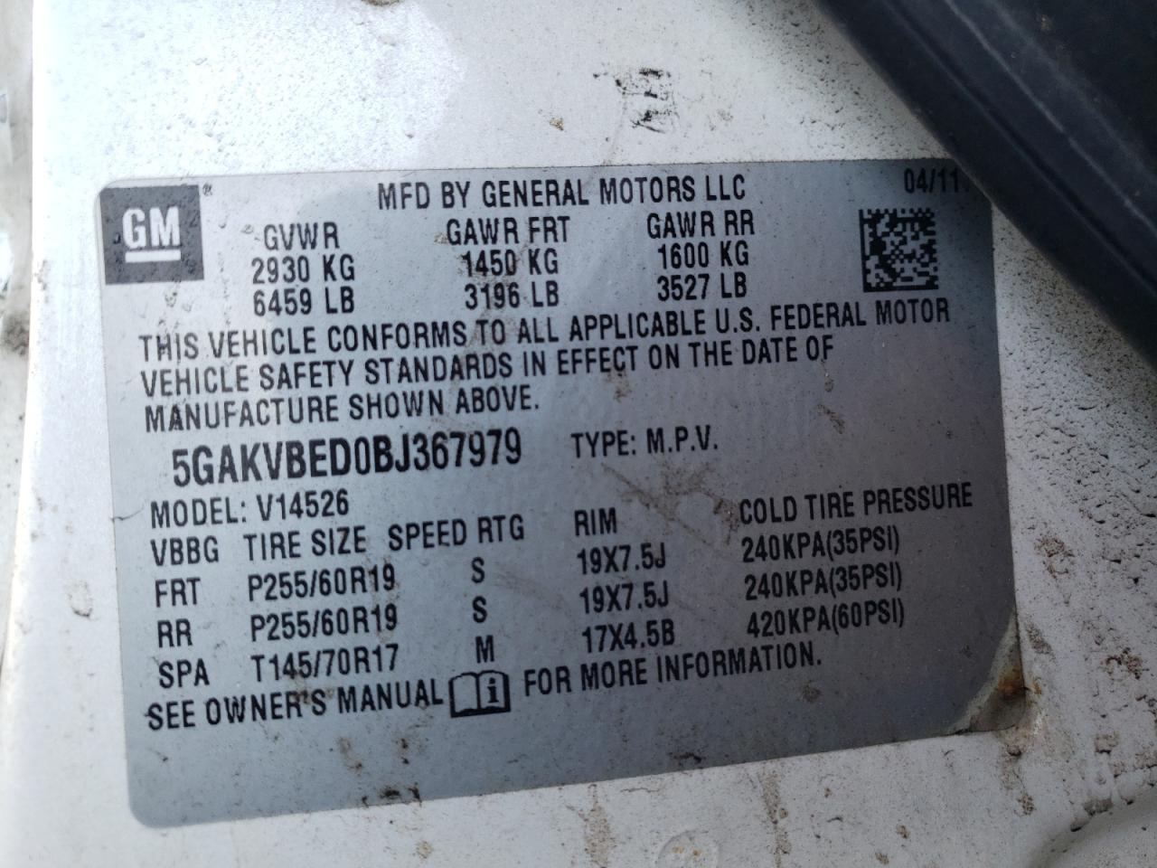 Photo 10 from auction – 2011 BUICK ENCLAVE CX with VIN 5GAKVBED0BJ367979