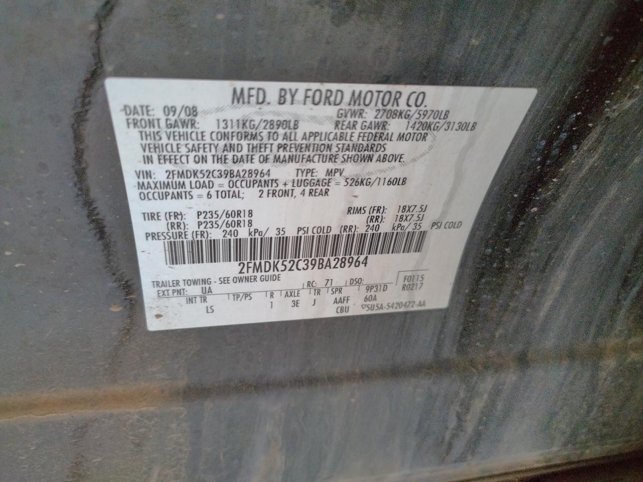 Photo 10 from auction – 2009 FORD FLEX SEL with VIN 2FMDK52C39BA28964
