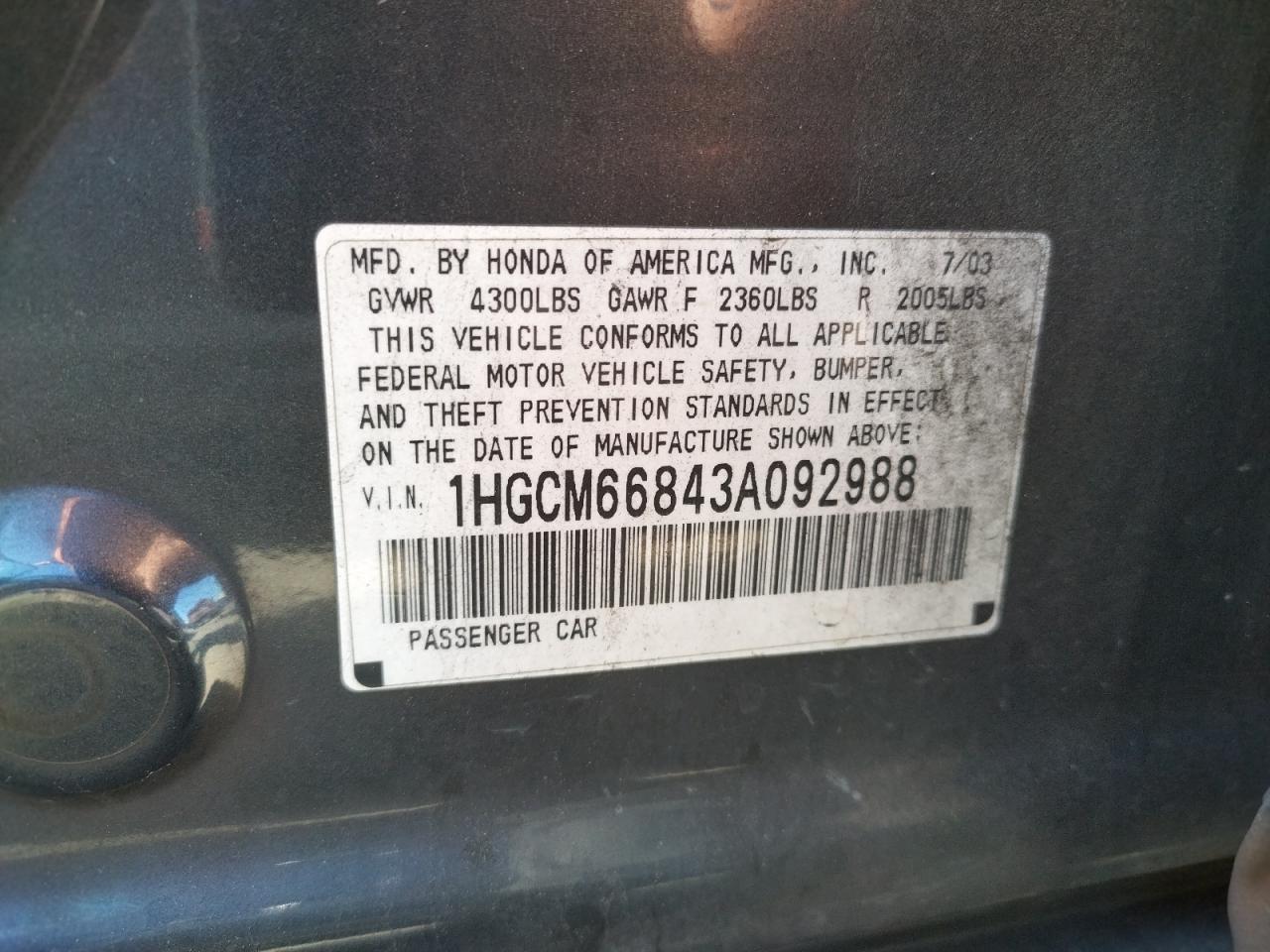 Photo 10 from auction – 2003 HONDA ACCORD EX with VIN 1HGCM66843A092988