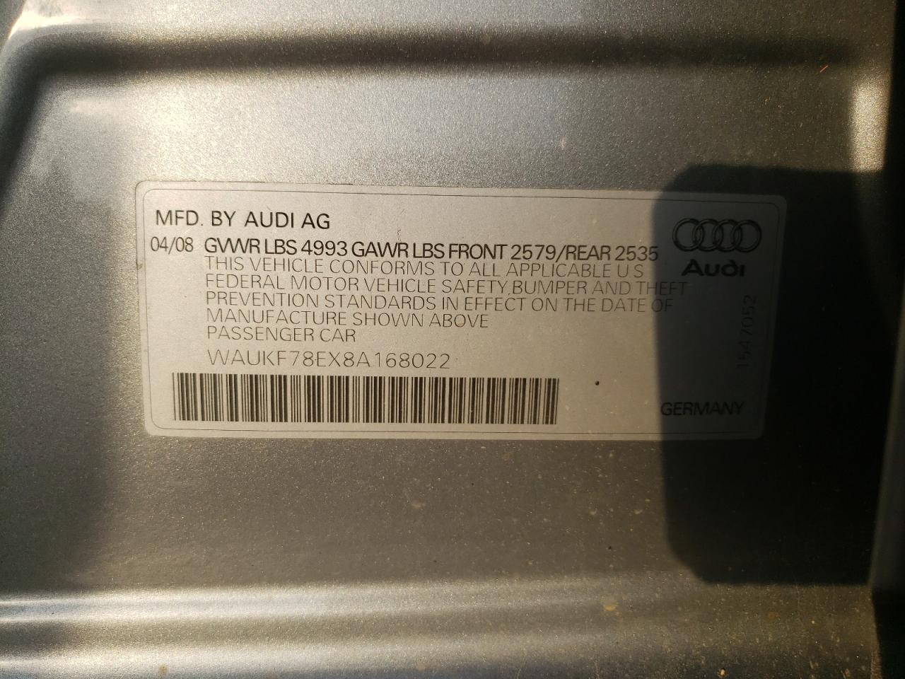 Photo 10 from auction – 2008 AUDI A4 2.0T AV with VIN WAUKF78EX8A168022