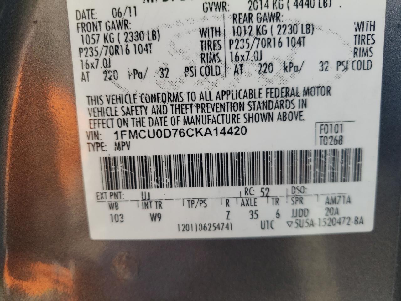 Photo 10 from auction – 2012 FORD ESCAPE XLT with VIN 1FMCU0D76CKA14420