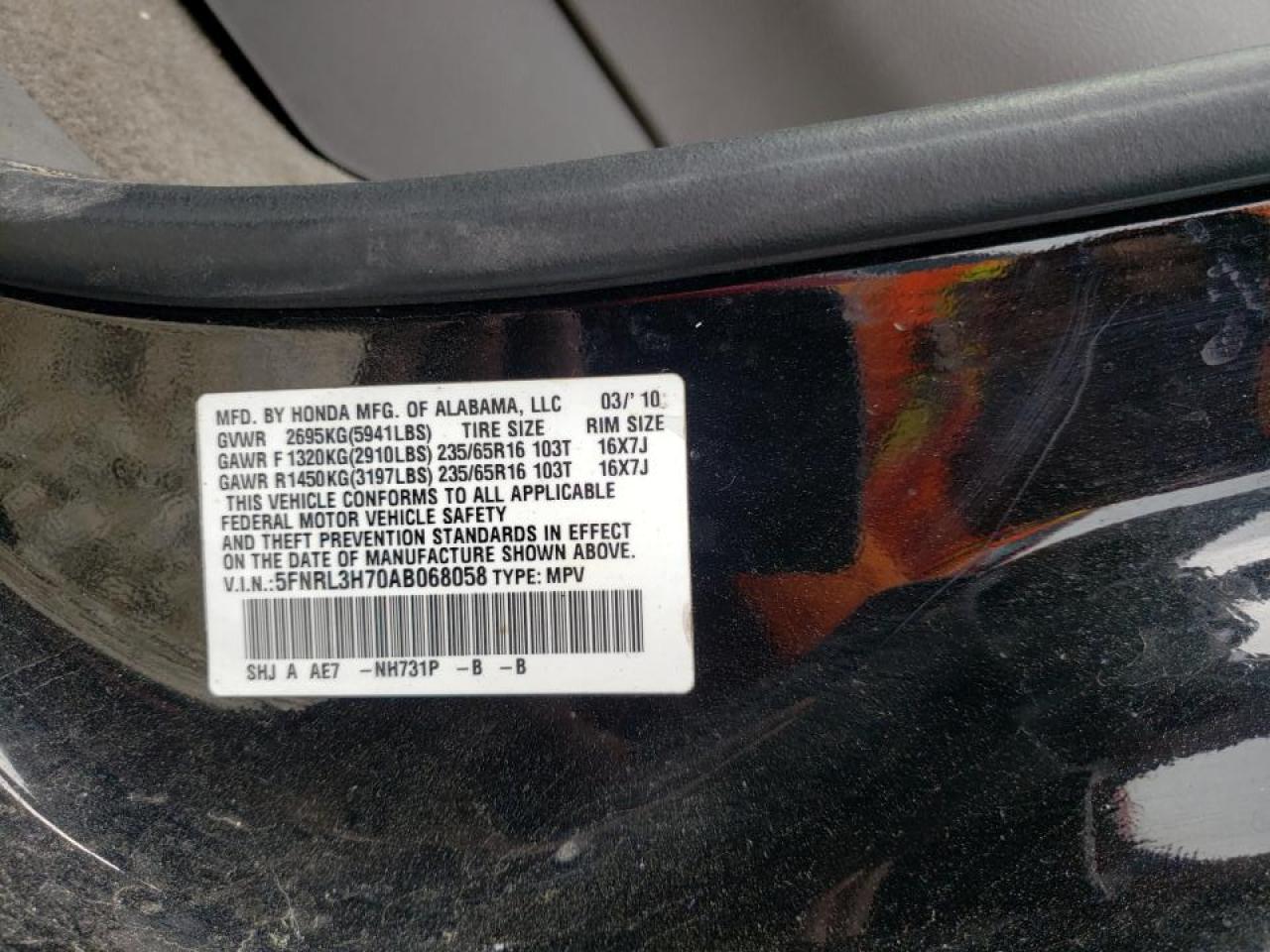 Photo 10 from auction – 2010 HONDA ODYSSEY EX with VIN 5FNRL3H70AB068058