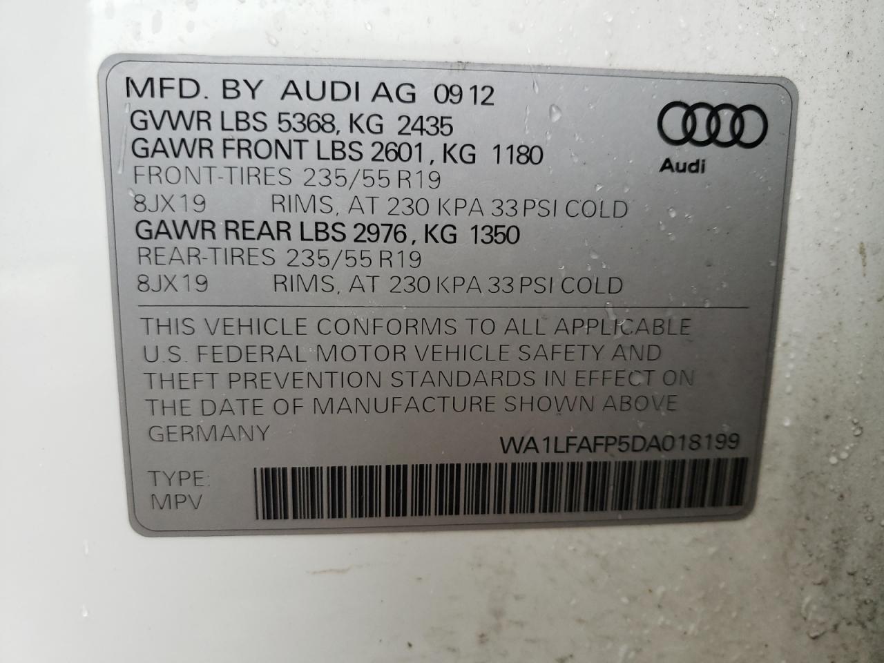 Photo 10 from auction – 2013 AUDI Q5 PREMIUM with VIN WA1LFAFP5DA018199