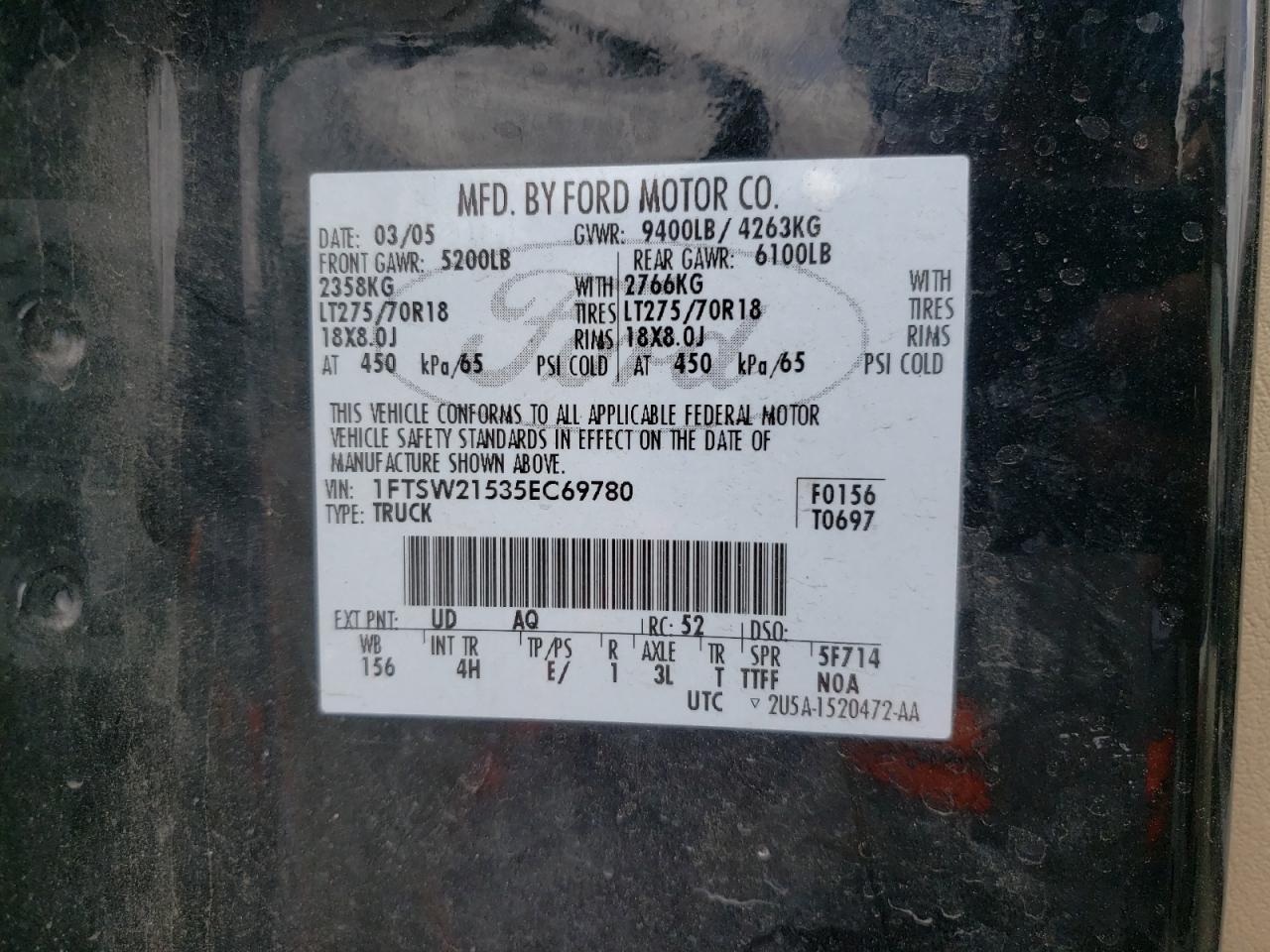 Photo 10 from auction – 2005 FORD F250 SUPER with VIN 1FTSW21535EC69780