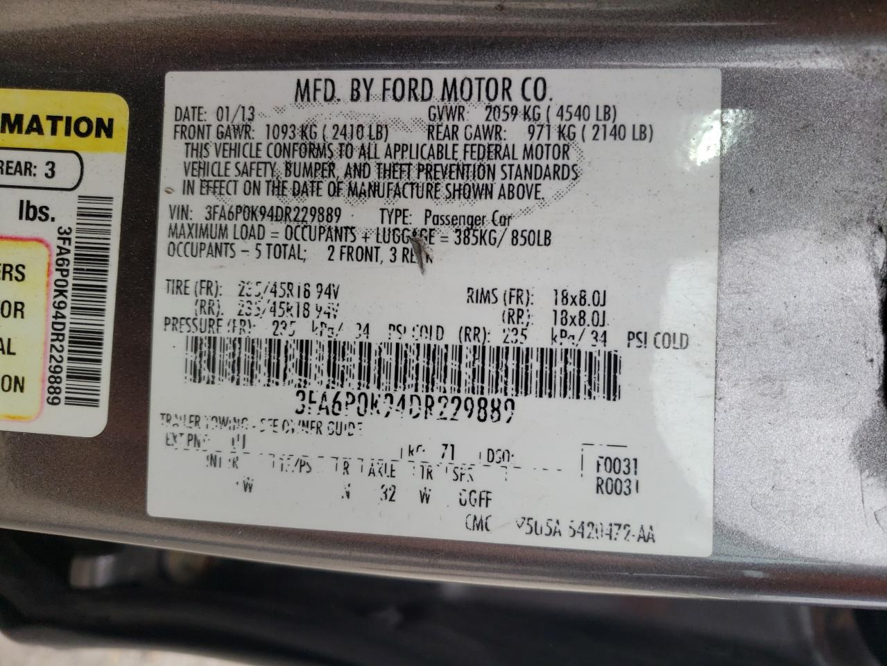 صورة رقم 10 من المزاد - 2013 FORD FUSION TIT مع VIN 3FA6P0K94DR229889