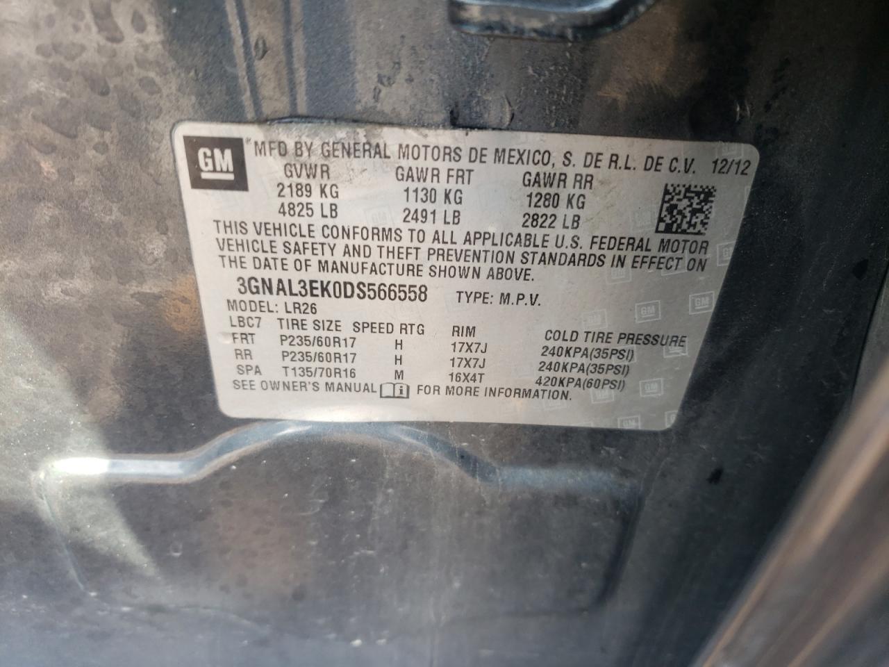 Photo 10 from auction – 2013 CHEVROLET CAPTIVA LT with VIN 3GNAL3EK0DS566558