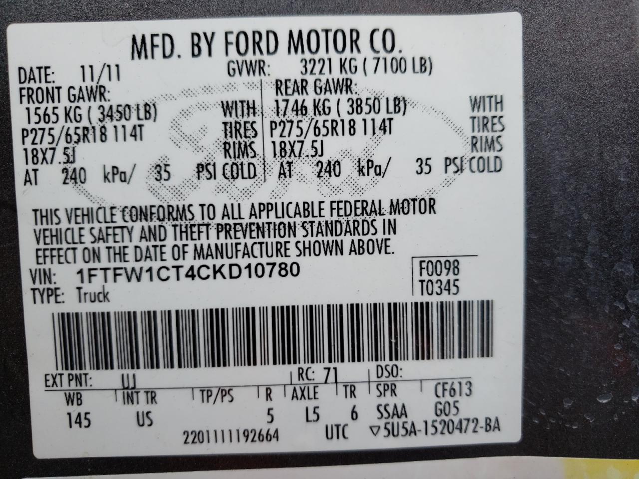 Photo 10 from auction – 2012 FORD F150 SUPER with VIN 1FTFW1CT4CKD10780